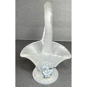 Viking Glass Basket Satin or Frosted Glass Blue Floral Decoration 6 3/4"